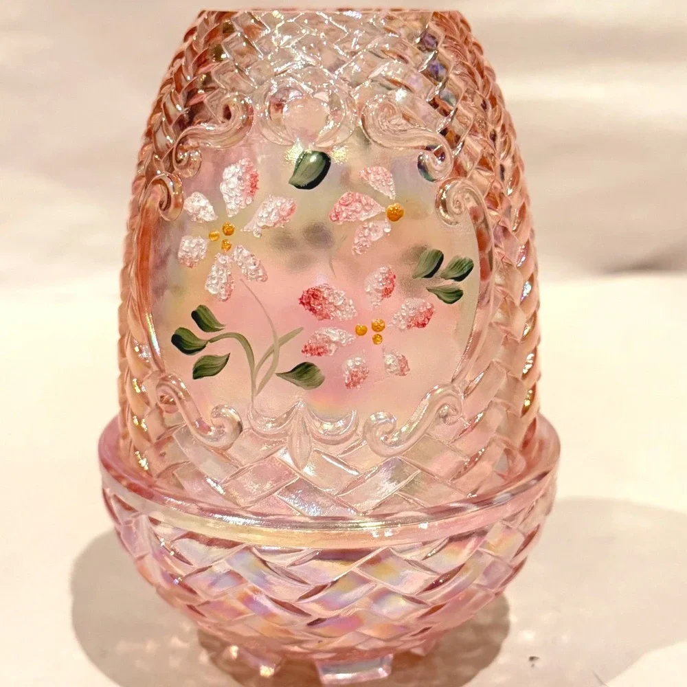 Fenton Champagne Basketweave Fairy Lamp Hand Painted Signed Sharon Fisher